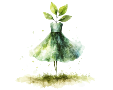 A dress made of leaves symbolizes nature and sustainability on a white background.