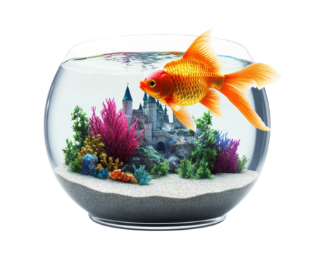 A goldfish swimming in a colorful aquarium with vibrant plants and a castle backdrop.