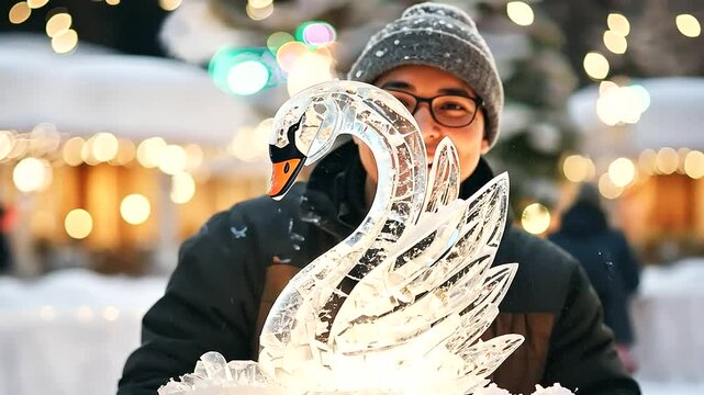Ice Sculptor Creating Swan Under Colorful Lights at Winter Festival