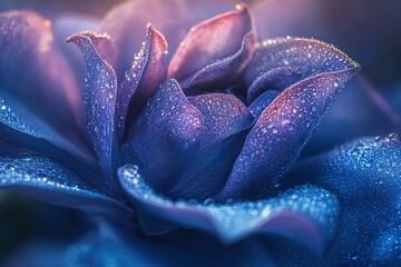 Close-up of a dew-kissed flower petal, showcasing vibrant blue and purple hues.  A stunning image of nature's beauty.