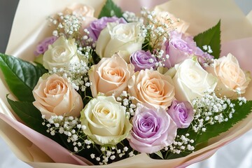 Obraz premium Elegant bouquet of pastel roses and baby's breath, perfect for a special occasion.