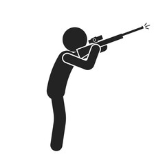 An isolated pictogram : stick figure aiming an air rifle upwards at a bird in flight, shoot and hunting outdoor sign