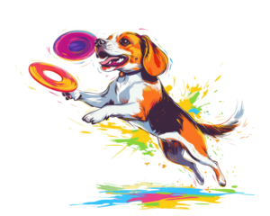 A playful dog energetically catching frisbees in vibrant colors.