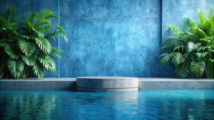 Fototapeta premium A Minimalist Concrete Platform Floating Above a Tranquil Blue Pool, Framed by Lush Tropical Greenery