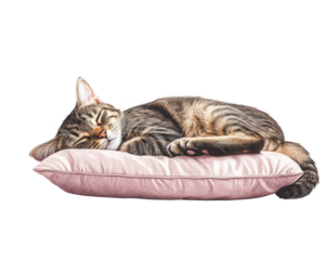 A sleeping tabby cat on a soft pink pillow, peaceful and cozy.