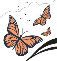 : Plain tiger butterflies in flight, vector art illustration