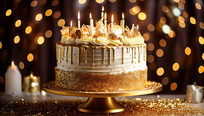 Luxurious gold glitter birthday cake with lit candles, perfect for celebration or party themes.  Elegant design, ideal for greeting cards, websites, or social media.