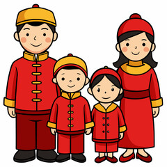  A family wearing Chinese new year clothes on white background