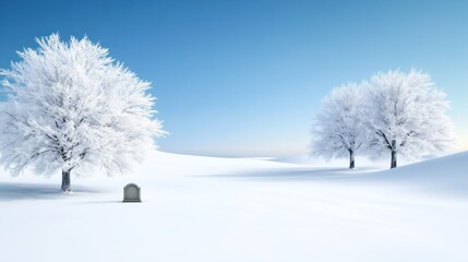 Serene winter landscape with snowy trees and a gravestone.
