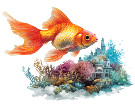 A vibrant goldfish swimming over a colorful coral reef with an underwater castle.