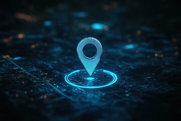 Glowing location pin on a digital map.  Represents GPS, navigation, or location services.