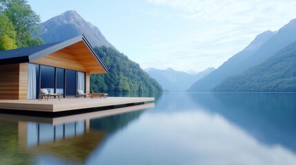Tranquil lakeside cabin surrounded by mountains and serene water.