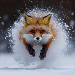 Fototapeta premium A red fox running through the snow, motion capture, winter landscape, fast movement, wildlife.
