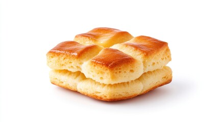 A stack of golden, flaky biscuits on a white background.