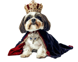 Adorable dog dressed as a king, wearing a crown and royal cape.