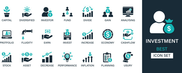 Investment icon set collection. Capital, diversified, investor, fund, divide, gain, analyzing, portfolio, fluidity, earn and best solid icon set.