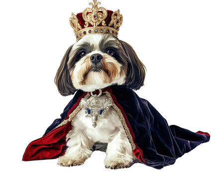 Adorable dog dressed as a king, wearing a crown and royal cape.
