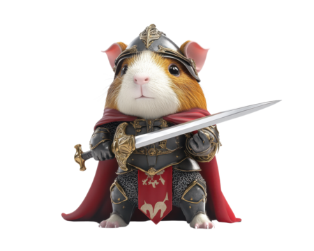 Adorable guinea pig dressed as a knight with armor and sword, white isolated background.