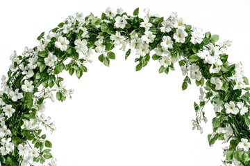 Floral archway of white flowers and green leaves, perfect for weddings or events.
