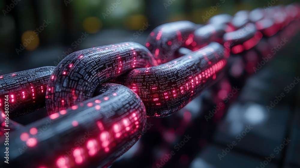 Poster futuristic digital chain linking with neon lights and binary code representing technology, connectiv
