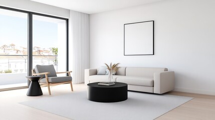 Modern living room with minimalist decor and natural light.