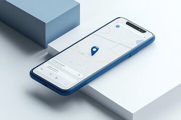Smartphone displaying a map application with a location pin.  Modern technology and navigation concept.