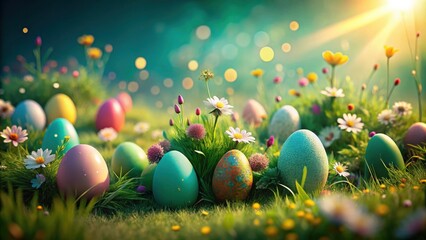 Fototapeta premium A springtime meadow with a cluster of colorful Easter eggs nestled among the wildflowers and green grass, bathed in the warm glow of the rising sun.