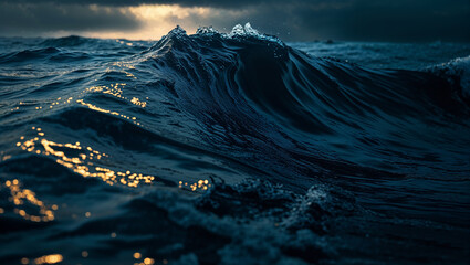 Big ocean wave breaking at sunset with golden reflections on water surface