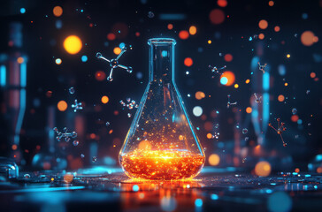 A glass beaker contains a glowing, vibrant liquid that produces colorful sparks. Surrounding laboratory equipment suggests active scientific experimentation underway.