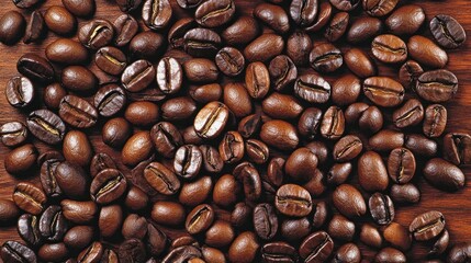 Obraz premium Roasted coffee beans scattered on a wooden surface.