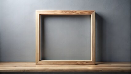 A simple, elegant wooden frame rests on a light wood surface against a muted grey background, creating a serene and minimalist aesthetic.