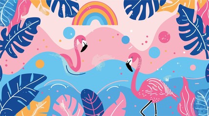 Vibrant Pink and Blue Summer Pool Party with Four Models Having Fun