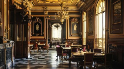 Fototapeta premium Opulent Dining Hall: Gilded Elegance & Classic Interior Design