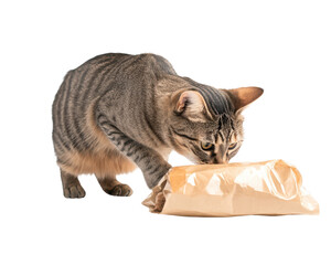 Cat curiously investigating a paper package, white isolate background.