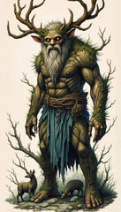 Fototapeta premium Fantasy RPG Book Illustration of a Forest Guardian Creature with Antlers and Woodland Companions in a Detailed Digital Art Style