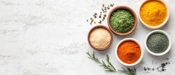 Colorful Organic Spices Displayed in Bowls on a Light Background for Ethical Culinary Use