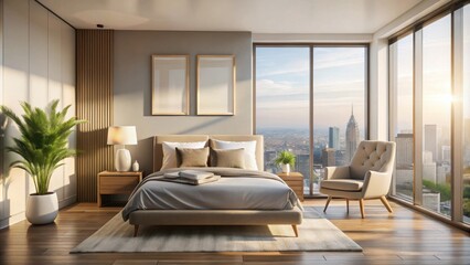 Fototapeta premium Modern bedroom design with panoramic city views, featuring a plush bed, a comfortable armchair, wooden floors, and natural light streaming in.