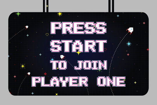 Press start to join player one. pixel art .8 bit game. retro game. for game assets. Retro Futurism Sci-Fi Background. glowing neon grid. and stars from vintage arcade computer games