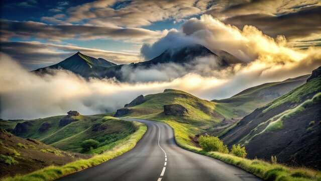 A winding asphalt road leads through rolling green hills, disappearing into the misty distance, with sunlit clouds swirling above.