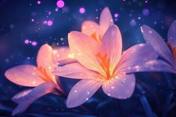Glowing flowers at night. Magical, enchanting blossoms in the dark.