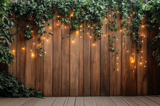 Warm fairy lights draped over a rustic wooden wall, adorned with lush green ivy. Perfect backdrop for events or photos.