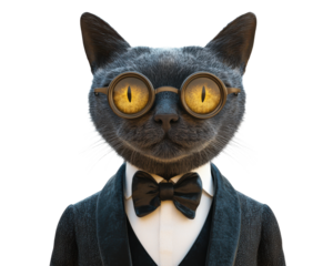 Cat in formal attire with glasses, isolated on a white background.