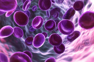 Conceptual rendering of human blood cells in the circulatory system with purple color, Lupus Erythematosus