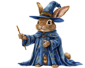 Charming rabbit magician in blue robe and hat, white isolate background.