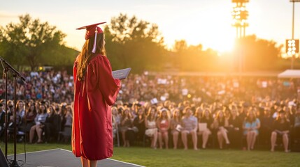 Naklejka premium Graduate woman in red gown giving speech at sunset ceremony.