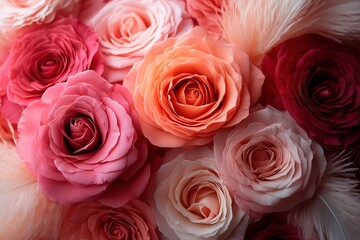 Naklejka premium Close-up of a bouquet of roses in varying shades of pink and orange.