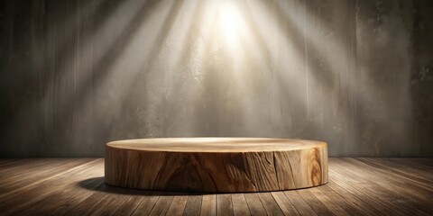 A circular wooden pedestal sits on a wooden floor with sunlight streaming through a window, creating a dramatic and inviting atmosphere.