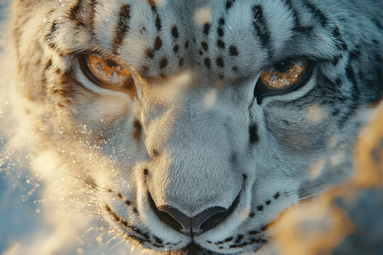 Close-up of a snow leopard's intense gaze, winter fur, golden eyes, snowy scene.