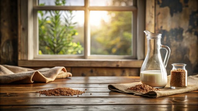 A rustic wooden table with a burlap cloth, a pitcher of milk, a jar of seeds, and scattered grains. - Powered by Adobe