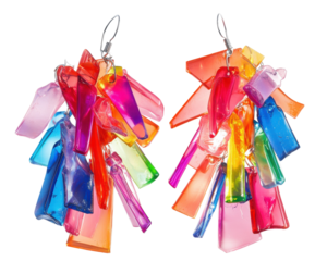 Colorful abstract earrings made from vibrant resin pieces, white isolated background.